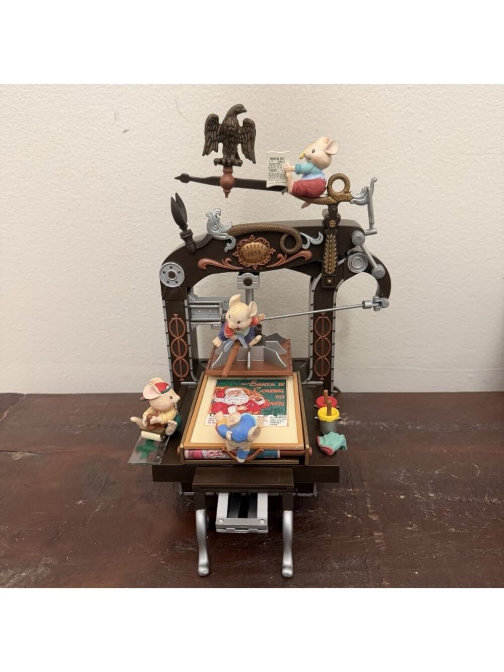 1993 Enesco Santa Printing Press Musical Mice Whimsical Christmas Animation